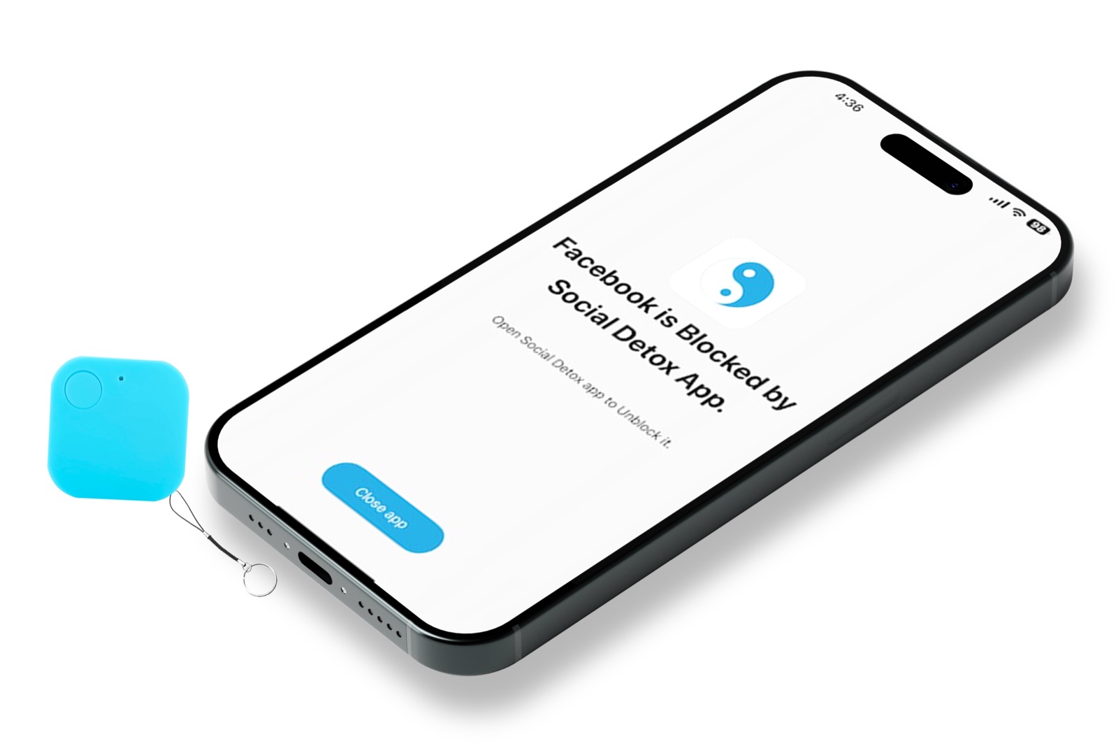 The Social Detox Tag beside a phone showing a blocked app